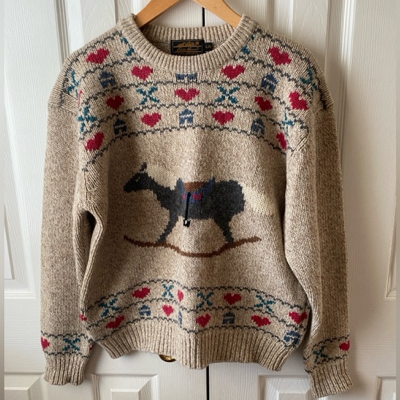 Eddie Bauer Sweaters - VTG 90’s Eddie Bauer Tan Marled Wool Blend Rocking Horse Intarsia Sweater SZ L
